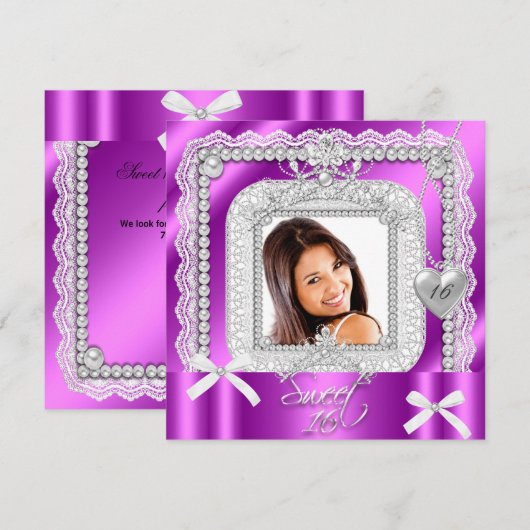 Sweet 16 Zestien Roze Paarse Lace Pearl Foto Kaart (Voorkant / Achterkant)