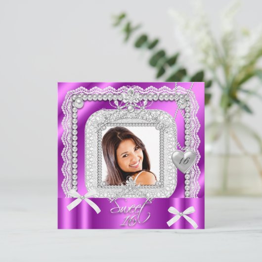 Sweet 16 Zestien Roze Paarse Lace Pearl Foto Kaart (Staand voorkant)