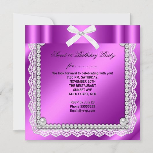 Sweet 16 Zestien Roze Paarse Lace Pearl Foto Kaart (Achterkant)