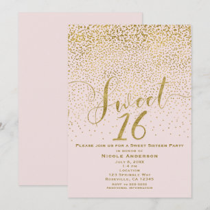 SWEET 16 Zestien Roze Roos & Gouden Confetti Kaart