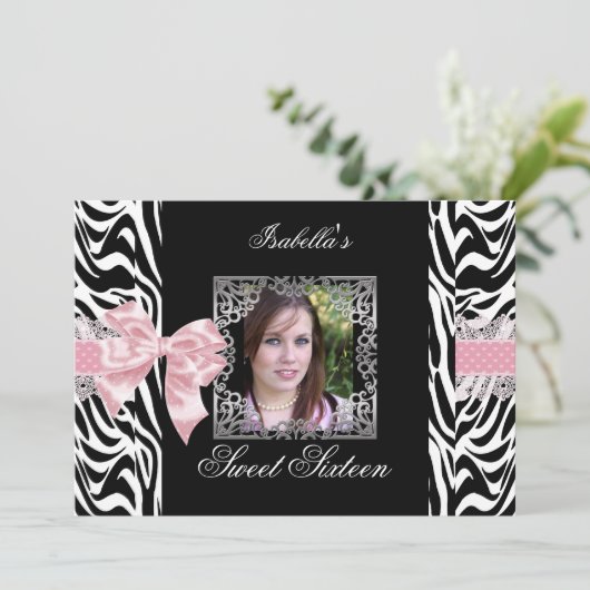Sweet 16 Zestien roze witte Zebra Kaart (Staand voorkant)
