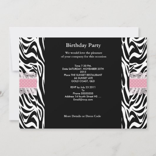 Sweet 16 Zestien roze witte Zebra Kaart (Achterkant)