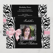 Sweet 16 Zestien roze witte Zebra Kaart (Voorkant / Achterkant)