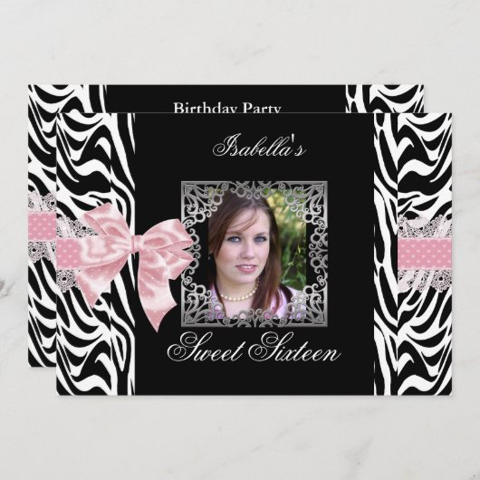 Sweet 16 Zestien roze witte Zebra Kaart (Voorkant / Achterkant)