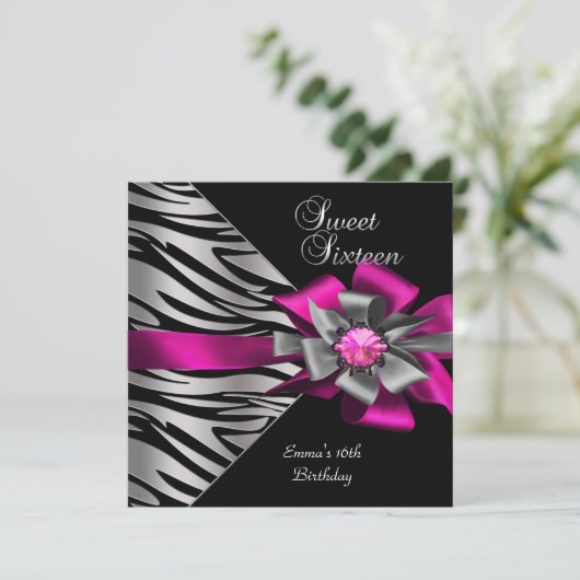 Sweet 16 Zestien roze zilver Zebra zwarte grijze b Kaart (Staand voorkant)