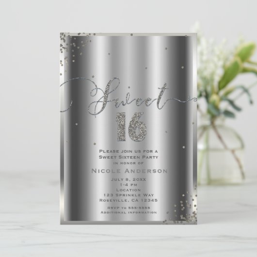 SWEET 16 Zestien Silver Glam Confetti Corners Kaart (Staand voorkant)