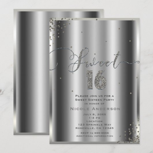 SWEET 16 Zestien Silver Glam Confetti Corners Kaart (Voorkant / Achterkant)