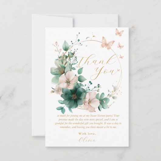 Sweet 16 Zestien Smaragdgroene Bloemenvlinders Bedankkaart (Voorkant)