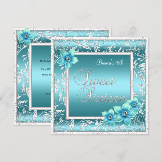 Sweet 16 Zestien Verjaardag Blauwgroen Blauw Bloem Kaart (Voorkant / Achterkant)