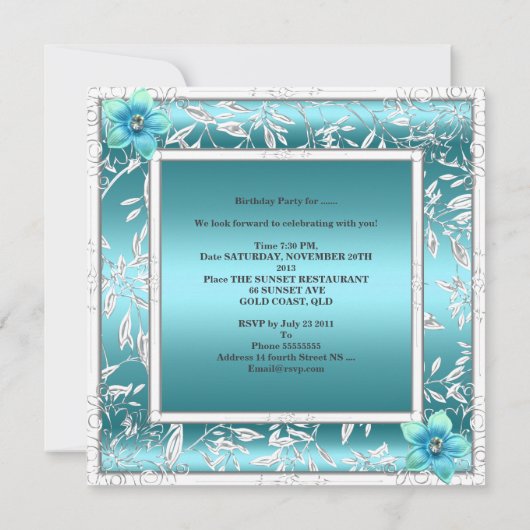 Sweet 16 Zestien Verjaardag Blauwgroen Blauw Bloem Kaart (Achterkant)