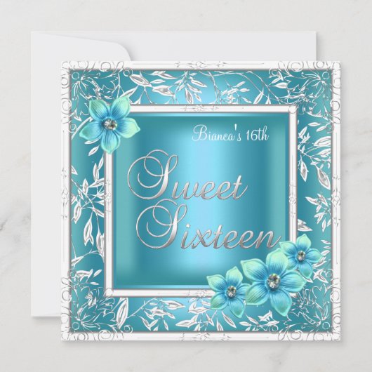 Sweet 16 Zestien Verjaardag Blauwgroen Blauw Bloem Kaart (Voorkant)