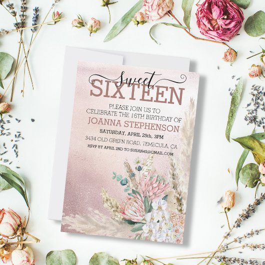 Sweet 16 Zestien verjaardag Pampas Grass Pink Kaart