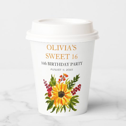 Sweet 16 Zestien Verjaardagsfeestje Zonnebloem Lan Papieren Bekers (Voorkant)