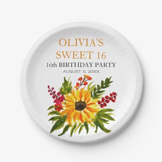 Sweet 16 Zestien Verjaardagsfeestje Zonnebloem Lan Papieren Bordje (Voorkant)