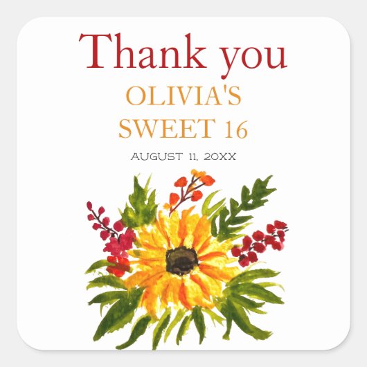 Sweet 16 Zestien Verjaardagsfeestje Zonnebloem Lan Vierkante Sticker (Voorkant)