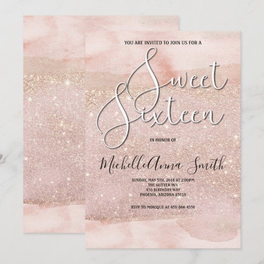 Sweet 16 Zestien Waterverf Blush Invitation Kaart (Voorkant / Achterkant)