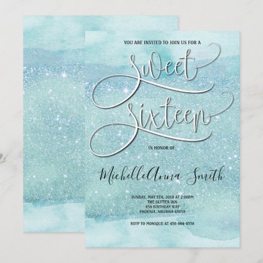 Sweet 16 Zestien Waterverf Turquoise Invitation Kaart (Voorkant / Achterkant)