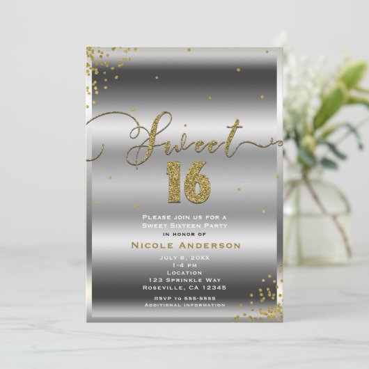 SWEET 16 Zestien zilveren & gouden Confetti hoeken Kaart (Staand voorkant)