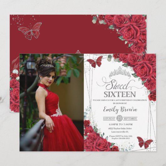 Sweet 16 Zestien Zilveren Rode Rose Vlinders Foto Kaart (Voorkant / Achterkant)