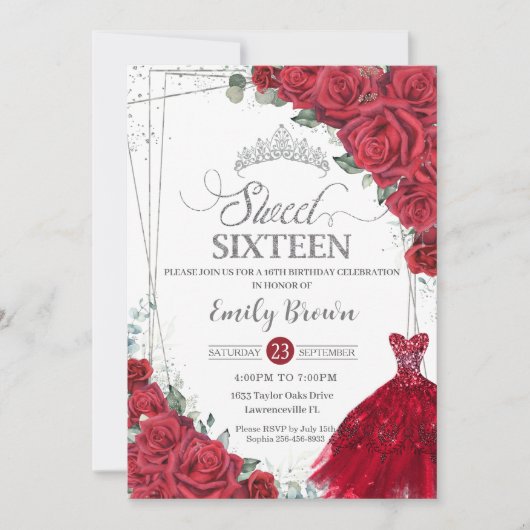Sweet 16 Zestien Zilveren Rode Rozen Bloemen Jurk Kaart (Voorkant)