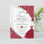 Sweet 16 Zestien Zilveren Rode Rozen Bloemen Jurk Kaart (Staand voorkant)