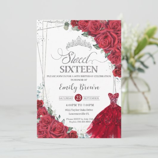 Sweet 16 Zestien Zilveren Rode Rozen Bloemen Jurk Kaart (Staand voorkant)