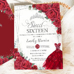 Sweet 16 Zestien Zilveren Rode Rozen Bloemen Jurk Kaart<br><div class="desc">Pas deze lieflijke lieflijke 16 verjaardagsuitnodiging gemakkelijk en snel aan met een eigen formulering,  druk eenvoudig de pas het knoop aan om de stijl en de plaatsing van de tekst verder te herschikken en te formatteren. Overeenkomende objecten in de winkel! c) De Happy Cat Studio</div>