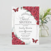 Sweet 16 Zestien Zilveren Rode Rozen Vlinders Kaart (Staand voorkant)