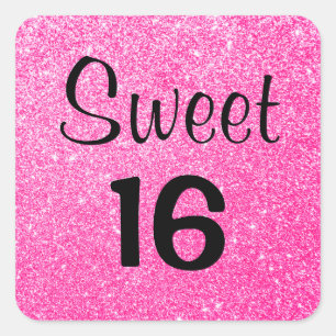 Sweet 16 zestien zwart & hete roze glitters glans vierkante sticker