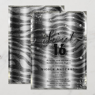 SWEET 16 Zestien Zwart Wit Zebra & Zilver Bling Kaart