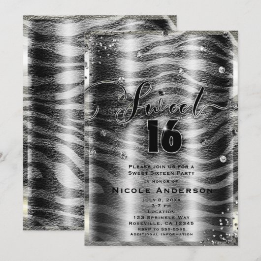 SWEET 16 Zestien Zwart Wit Zebra & Zilver Bling Kaart (Voorkant / Achterkant)