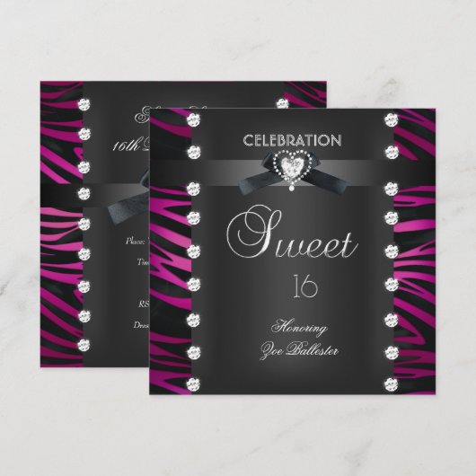 Sweet 16 Zestien zwarte Stropdas Roze witte Zebra Kaart (Voorkant / Achterkant)