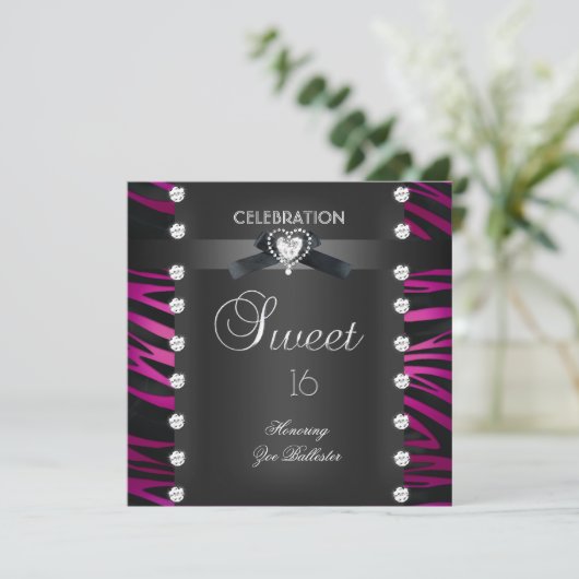 Sweet 16 Zestien zwarte Stropdas Roze witte Zebra Kaart (Staand voorkant)