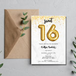 Sweet 16 Zestiende verjaardag ballonfeest Kaart<br><div class="desc">Schattig zoete 16 verjaardagsfeestuitnodigingen in een zwart en goud 16 ballondesign op faux grijs marmer paper. Pas uw partijgegevens aan en stuur een e-mail naar familie en vrienden om hen uit te nodigen haar 16de verjaardag te vieren!</div>