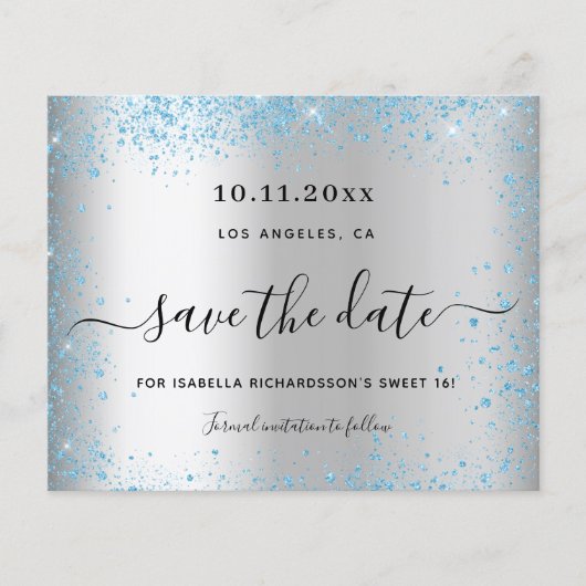 Sweet 16 zilver blauw budget save the date flyer (Voorkant)