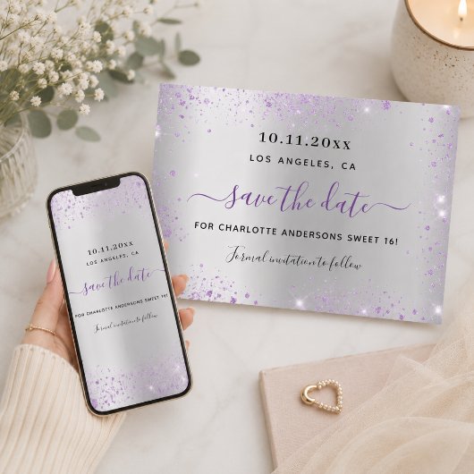 Sweet 16 zilver paars save the date