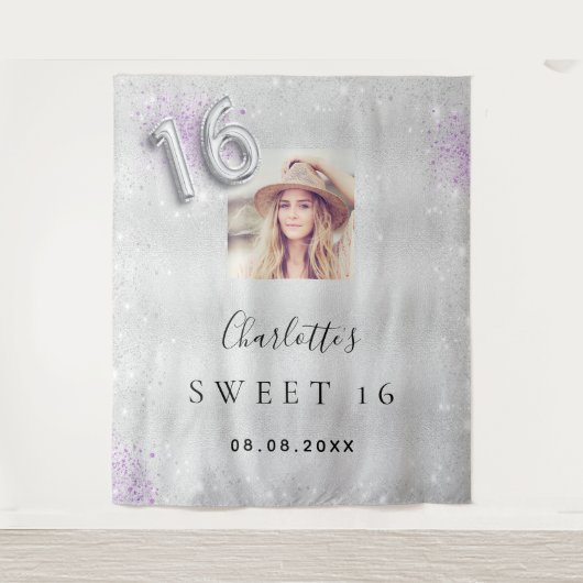 Sweet 16 zilver paarse foto glitter stof welkom  wandkleed (Voorkant)