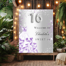 Sweet 16 zilver paarse glitters jurk welkom poster