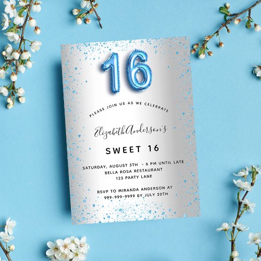 Sweet 16 zilverblauw glitterglamoureus kaart