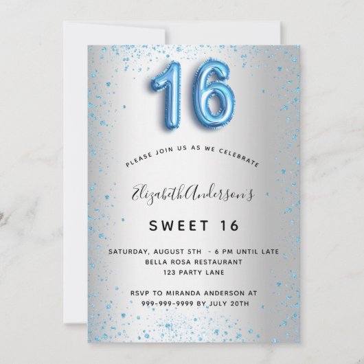 Sweet 16 zilverblauw glitterglamoureus kaart (Voorkant)