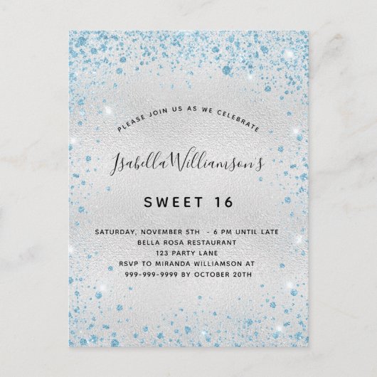 Sweet 16 zilverblauw glitterstofsparkle uitnodiging briefkaart (Voorkant)