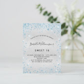 Sweet 16 zilverblauw glitterstofsparkle uitnodiging briefkaart (Staand voorkant)