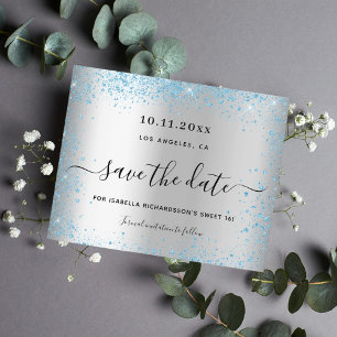 Sweet 16 zilverblauw save the date kaart
