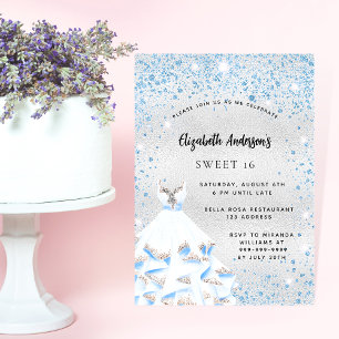 Sweet 16 zilverblauw sparkles party kaart