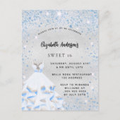 Sweet 16 zilverblauw sparkles party uitnodiging briefkaart (Voorkant)