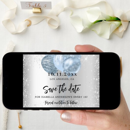 Sweet 16 zilverblauwe ballonnen sparkles script save the date