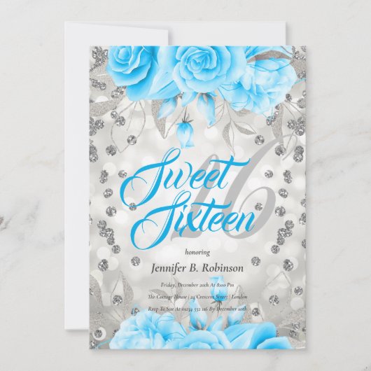 Sweet 16 | Zilverblauwe bloemen glitter | Birthday Kaart (Voorkant)