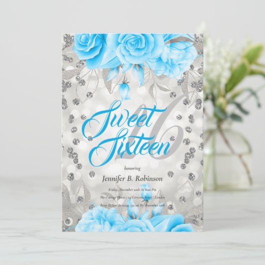 Sweet 16 | Zilverblauwe bloemen glitter | Birthday Kaart