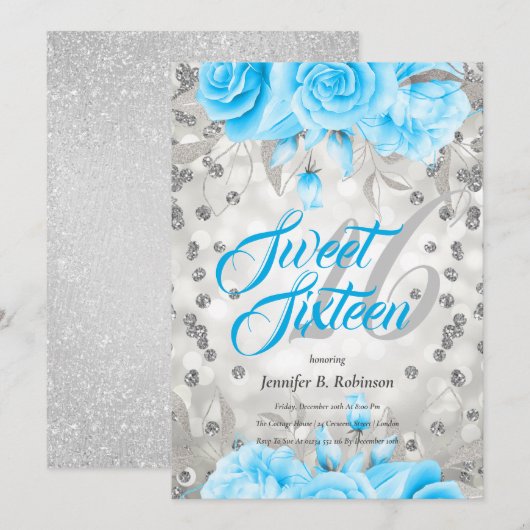 Sweet 16 | Zilverblauwe bloemen glitter | Birthday Kaart (Voorkant / Achterkant)