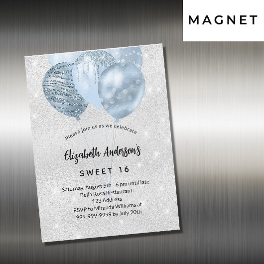Sweet 16 zilverblauwe glitterballonnen luxe magnetische uitnodiging